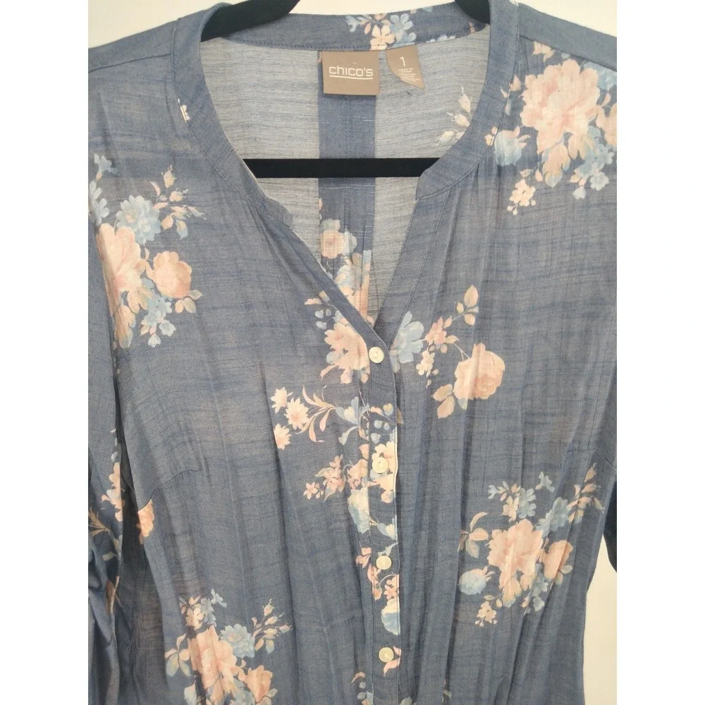 Chico's Blouse Top 1 M Floral Print Button Front‎ Tab Sleeve Boho Blue Peach